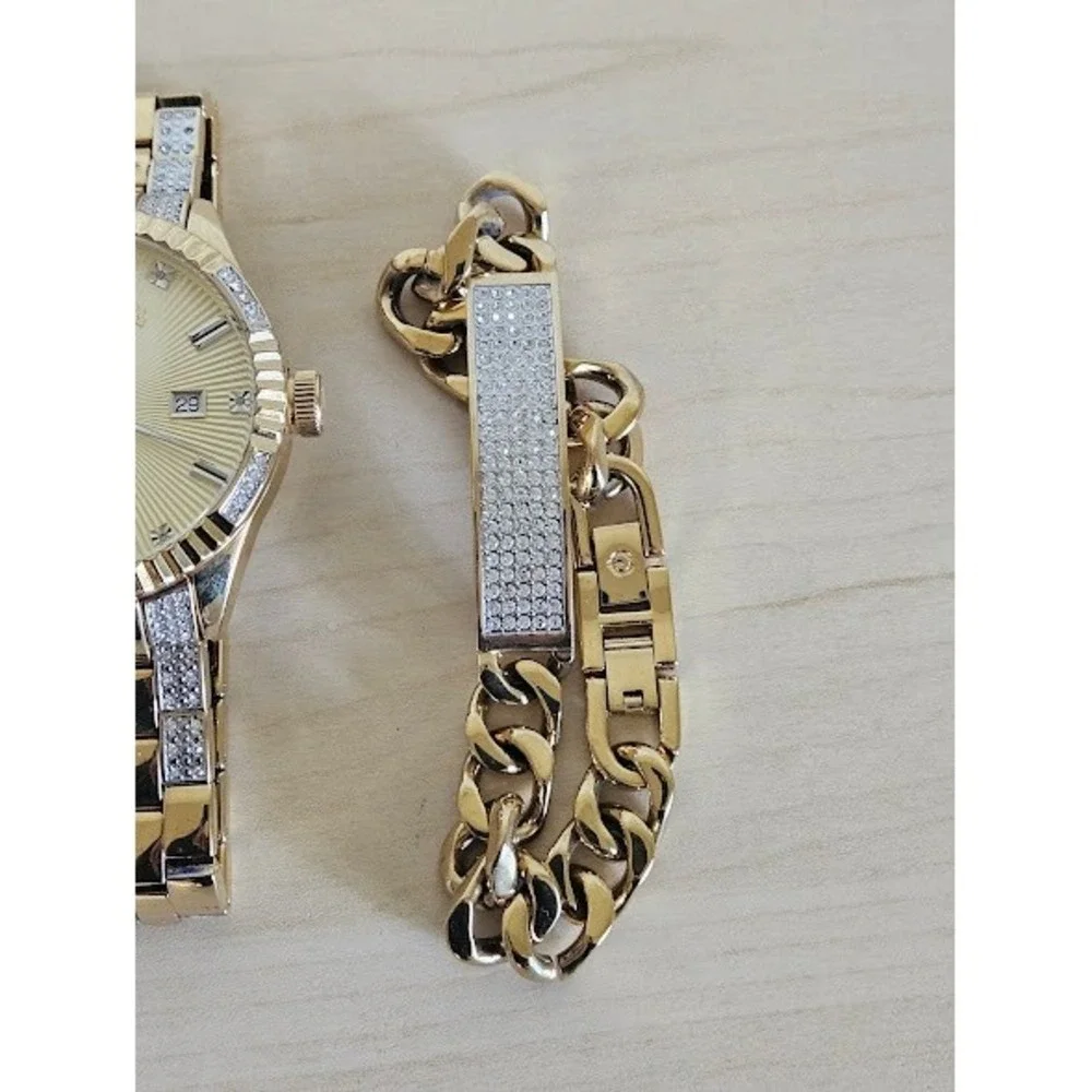 Elgin Men Gold Tone Crystal Watch and Bracelet Set Stainless Steel Analog